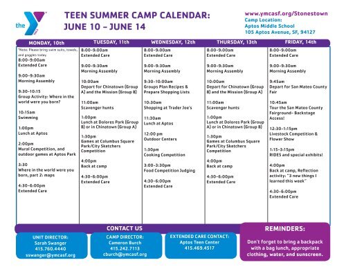 teen summer camp calendar - YMCA of San Francisco