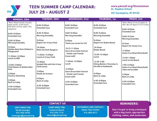 teen summer camp calendar - YMCA of San Francisco