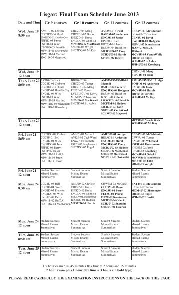 Lisgar: Final Exam Schedule June 2013 - Lisgar Collegiate Institute