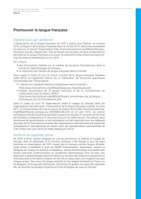 Le dossier de presse - Organisation internationale de la Francophonie