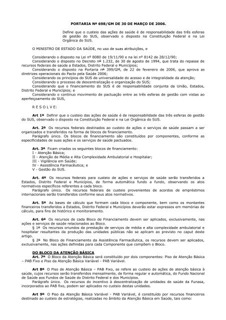 Portaria GM/MS nÂº 698/2006 - Secretaria da SaÃºde