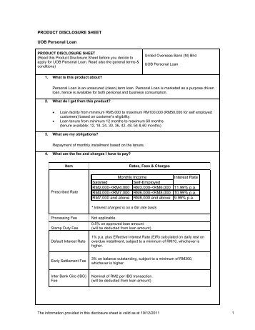 PRODUCT DISCLOSURE SHEET UOB Personal Loan Interest Rate ...