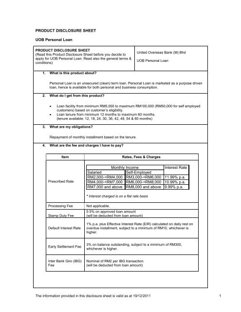 PRODUCT DISCLOSURE SHEET UOB Personal Loan Interest Rate ...