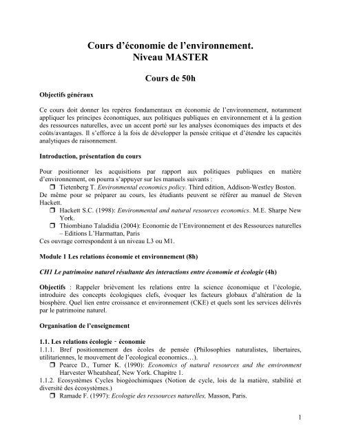 Syllabus du cours d'Ã©conomie de l'environnement - MDP UCAD