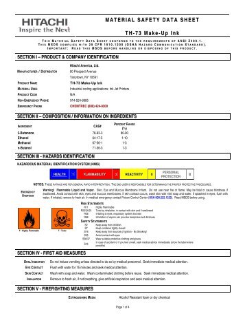 TH-73 Make Up Ink | Material Safety Data Sheet : Hitachi America, Ltd.