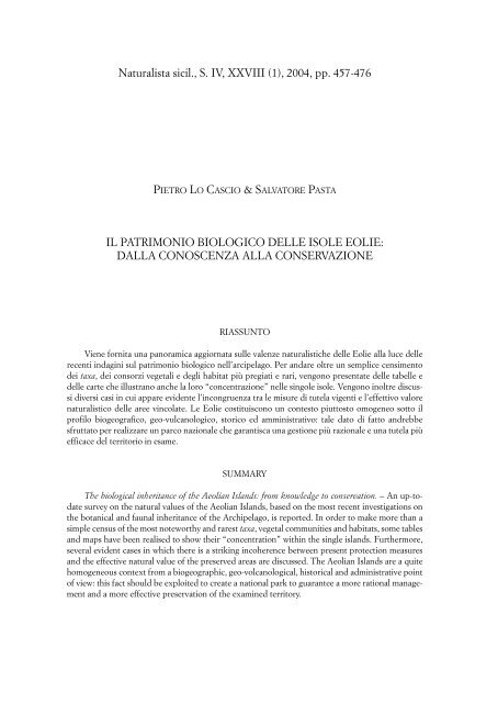 Il patrimonio biologico delle Isole Eolie dalla conoscenza ... - sssn.it