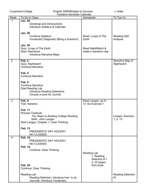 Grossmont College 2022 Calendar Tentative Class Schedule - Cuyamaca College