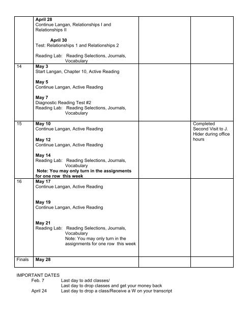 Tentative Class Schedule - Cuyamaca College