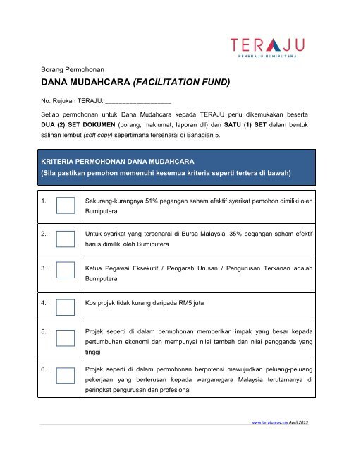 Borang Permohonan Dana Mudahcara ( Facilitation Fund ) - TERAJU