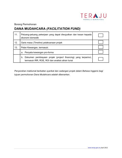 Borang Permohonan Dana Mudahcara ( Facilitation Fund ) - TERAJU