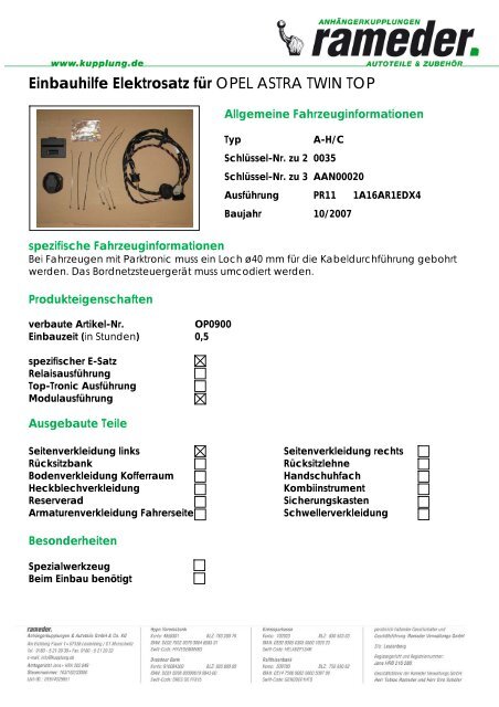 Einbauhilfe Elektrosatz für OPEL ASTRA TWIN TOP