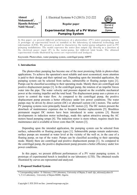 Regular paper Experimental Study of a PV Water Pumping System