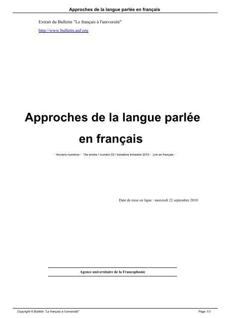 Approches de la langue parlée en français - AUF