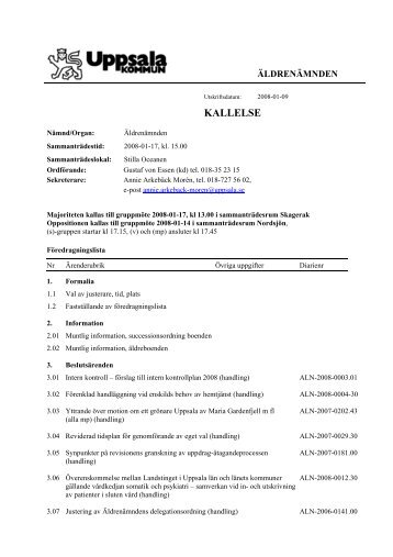 Kallelse/fÃ¶redragningslista/dagordning - Uppsala kommun