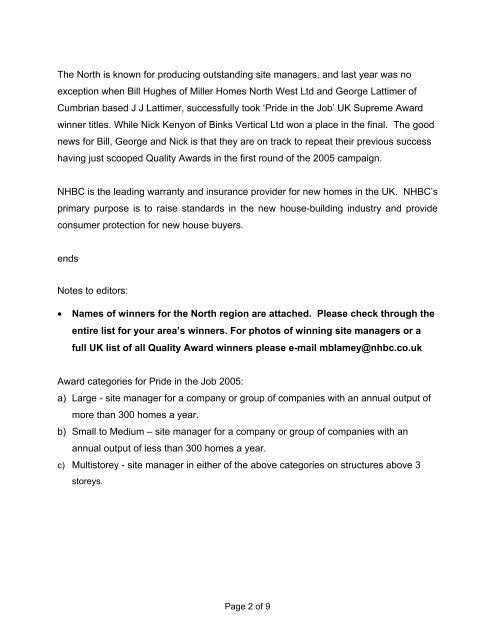 Quality Award winners news release North 2005 - NHBC Home