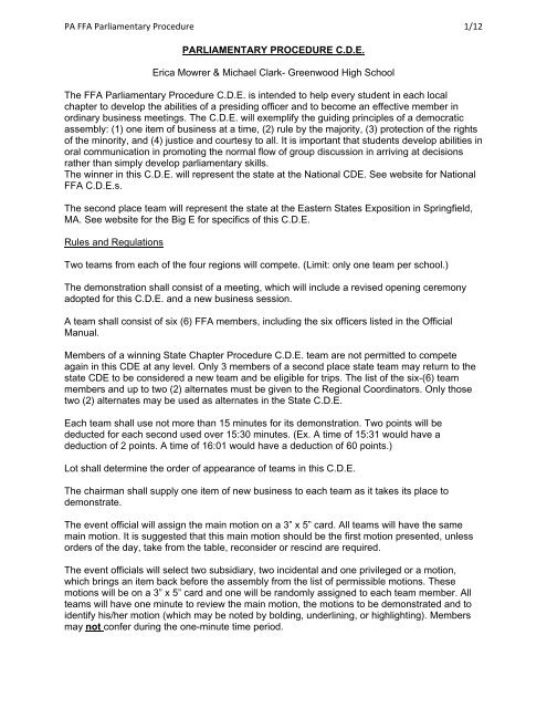 PA FFA Parliamentary Procedure 1/12 PARLIAMENTARY