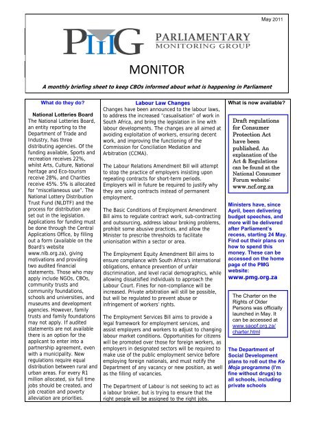 PMG MONITOR - May 2011 - Parliamentary Monitoring Group