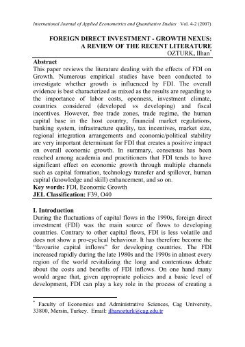 FOREIGN DIRECT INVESTMENT - GROWTH NEXUS: A REVIEW ...