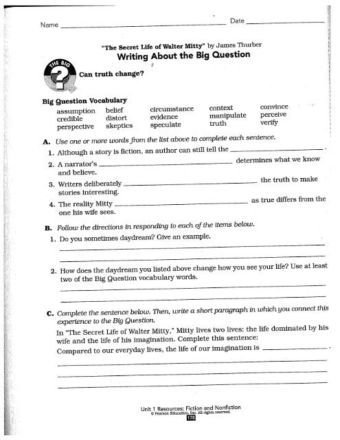 Secret Life of Walter Mitty worksheets p. 178-181
