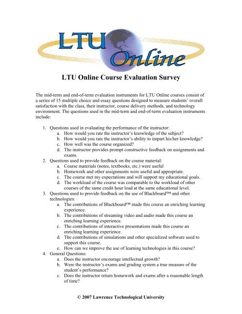 Ltu Online Course Evaluation Survey Lawrence Technological