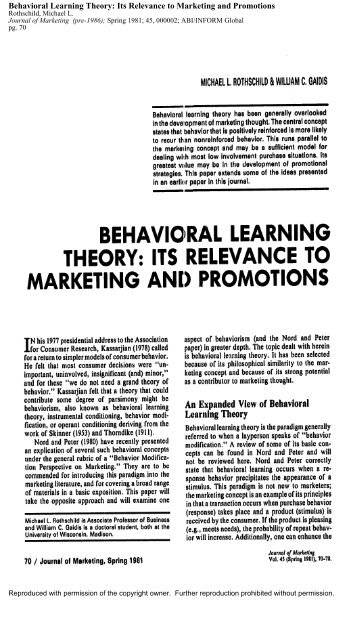 Behavioral Learning Theory: Its Relevance to Marketing and ...