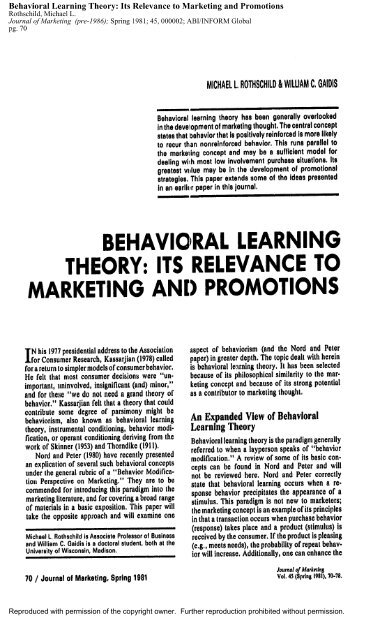 Behavioral Learning Theory: Its Relevance to Marketing and ...