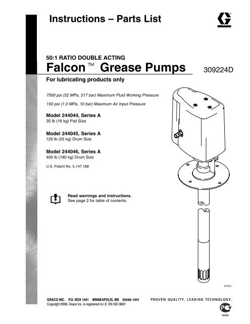 309244D 50:1 Ratio Double Acting Falcon Grease Pumps - Graco Inc.