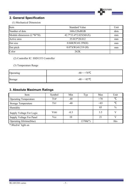 SPECIFICATIONS FOR LCD MODULE