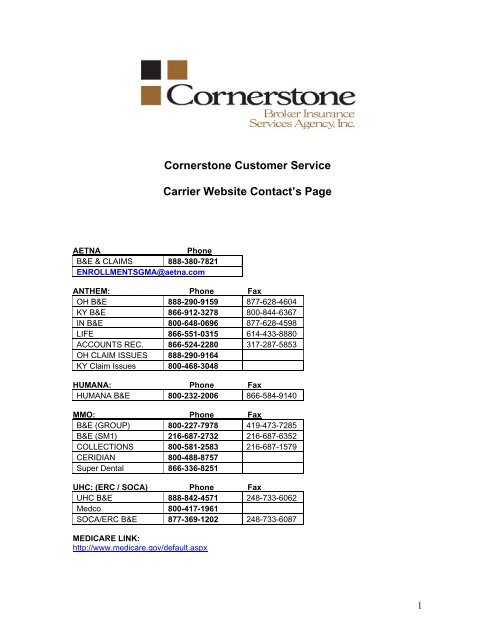 Carrier Contact Information Sheets