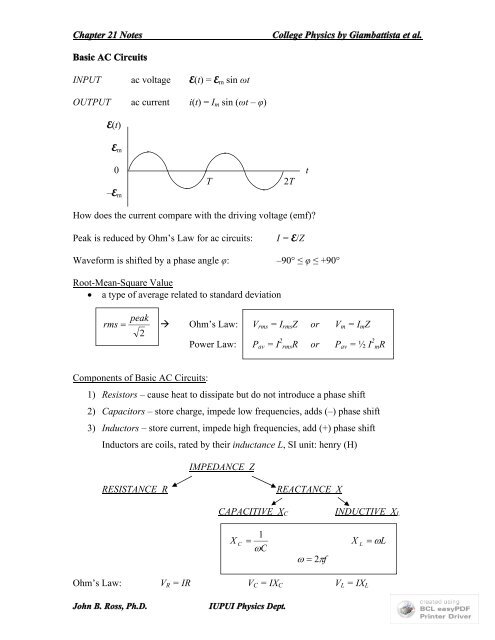 Chapter 21 Notes College Physics by Giambattista et al. Basic AC ...