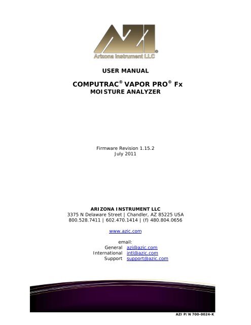 COMPUTRAC VAPOR PRO Fx CT-4100 - Arizona Instrument