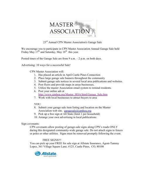 23 Annual Cpn Master Association S Garage Sale We Encourage