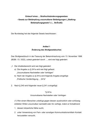 Gesetz zur BekÃ¤mpfung unzumutbarer BelÃ¤stigungen (âStalking ...