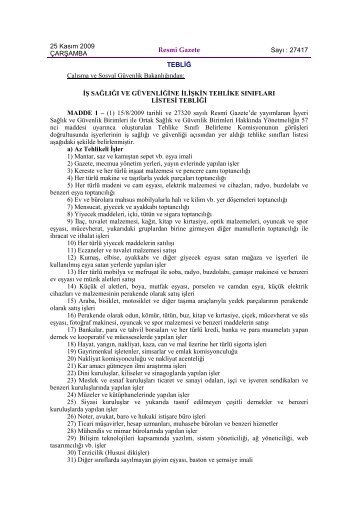 İş Sağlığı ve Güvenliğine İlişkin Tehlike Sınıfları Listesi Tebliği
