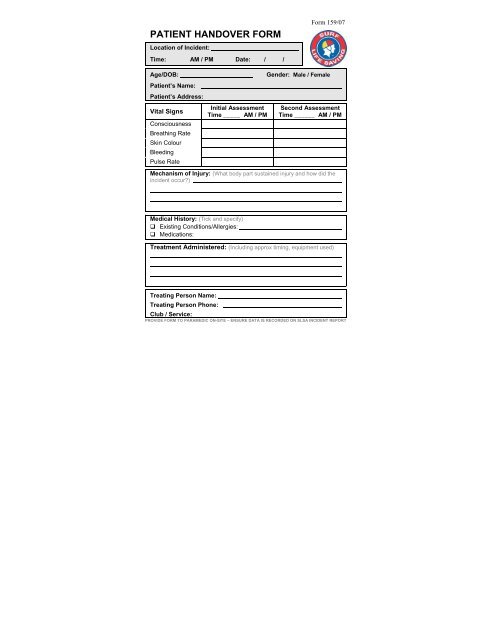 SLSNSW Patient Handover Form - Surf Life Saving NSW