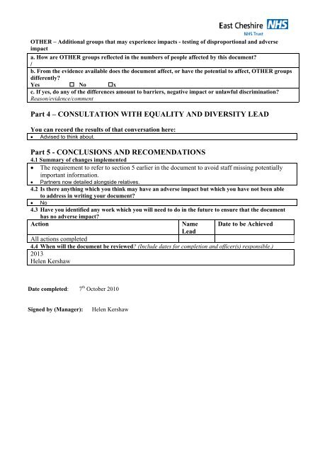 Post death procedure - East Cheshire NHS Trust