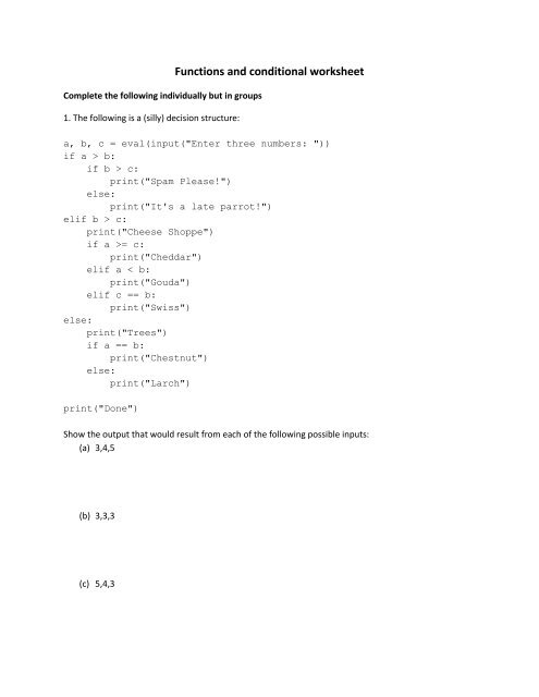 Functions and conditional worksheet - BiRG