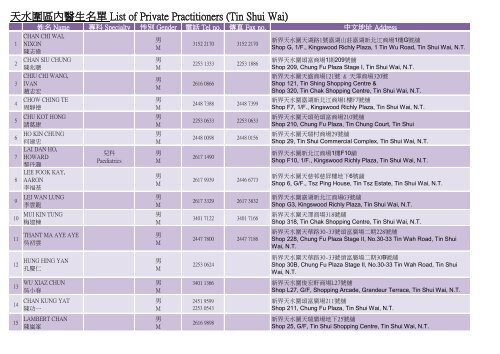 å¤©æ°´ååå§é«çåå®List of Private Practitioners (Tin Shui Wai)