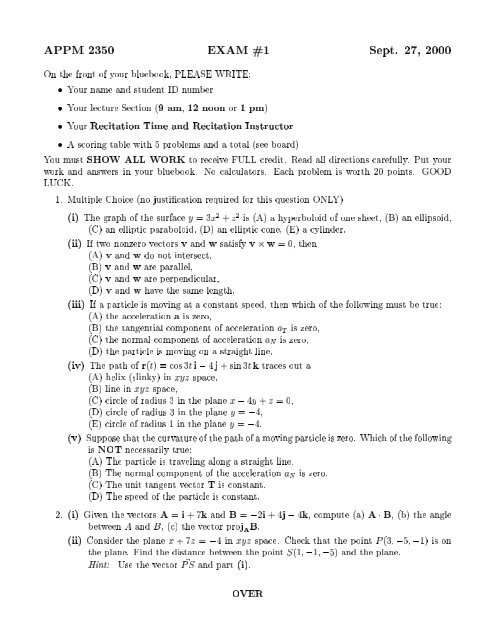 APPM 2350 EXAM #1 Sept. 27, 2000 On the front of your ... - cribME!