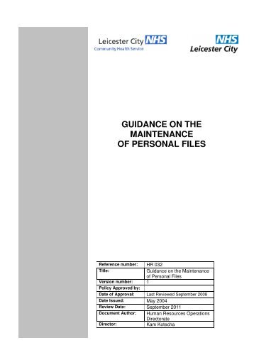 GUIDANCE ON THE MAINTENANCE OF PERSONAL FILES