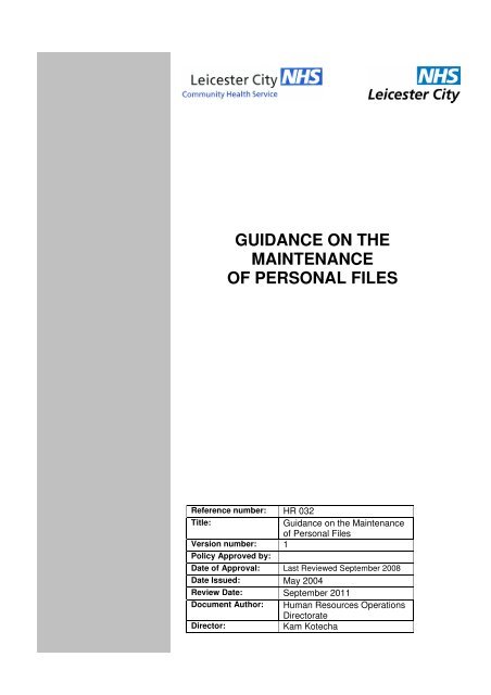 GUIDANCE ON THE MAINTENANCE OF PERSONAL FILES