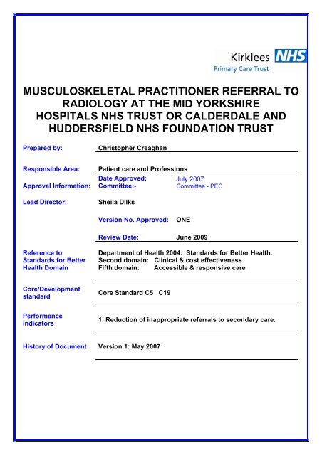 musculoskeletal practitioner referral to radiology at ... - NHS Kirklees