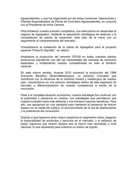 HOLCIM APASCO INFORME ANUAL AL PERSONAL 2010