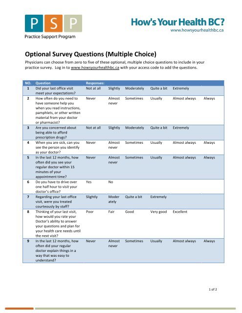 Optional Survey Questions (Multiple Choice) - GPSC