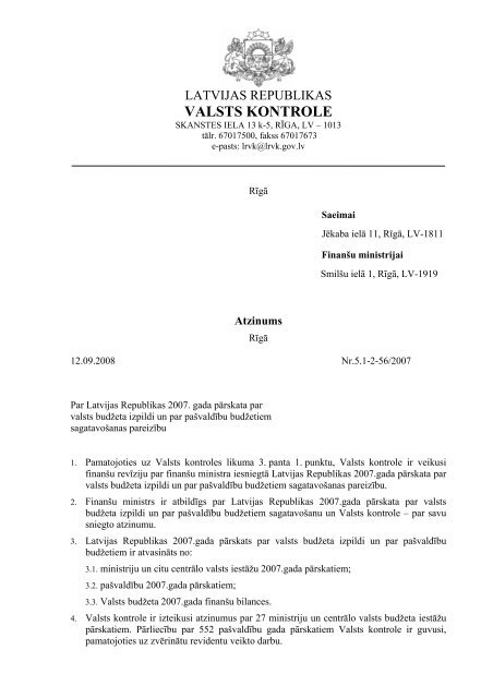 Atzinums par Latvijas Republikas 2007.gada pārskata ... - Valsts kase