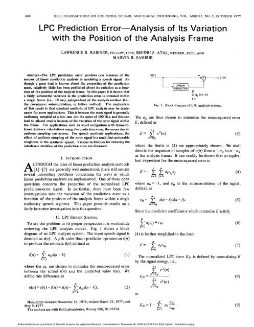 LPC Prediction Error-Analysis of Its Variation with the Position of the ...