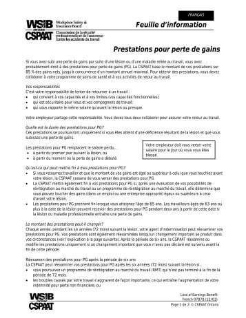 Feuille d'information Prestations pour perte de gains - wsib