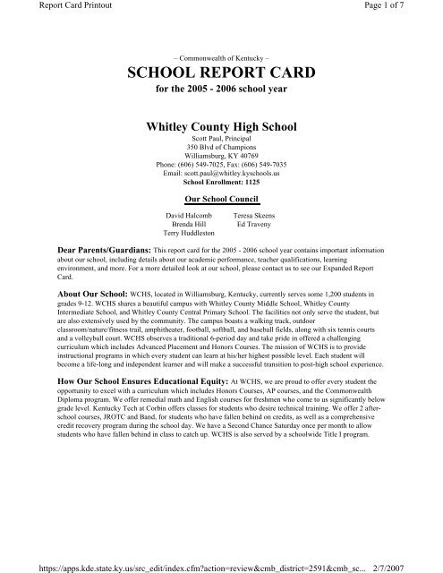 SCHOOL REPORT CARD - Whitley County Schools