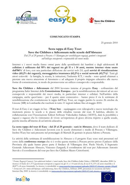 Save the Children e Adiconsum nelle scuole dell'Abruzzo