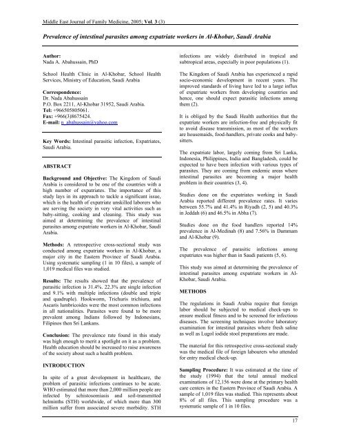 Prevalence Of Intestinal Parasites Among Expatriate Workers In Al
